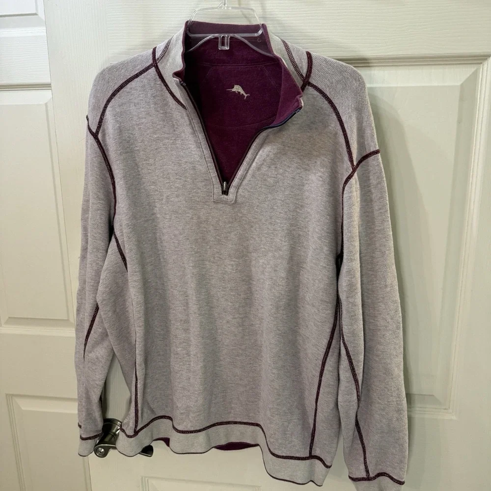 Tommy Bahama Sweater Mens Large Preppy‎ Logo Plum Gray 1/4 Zip Reversible